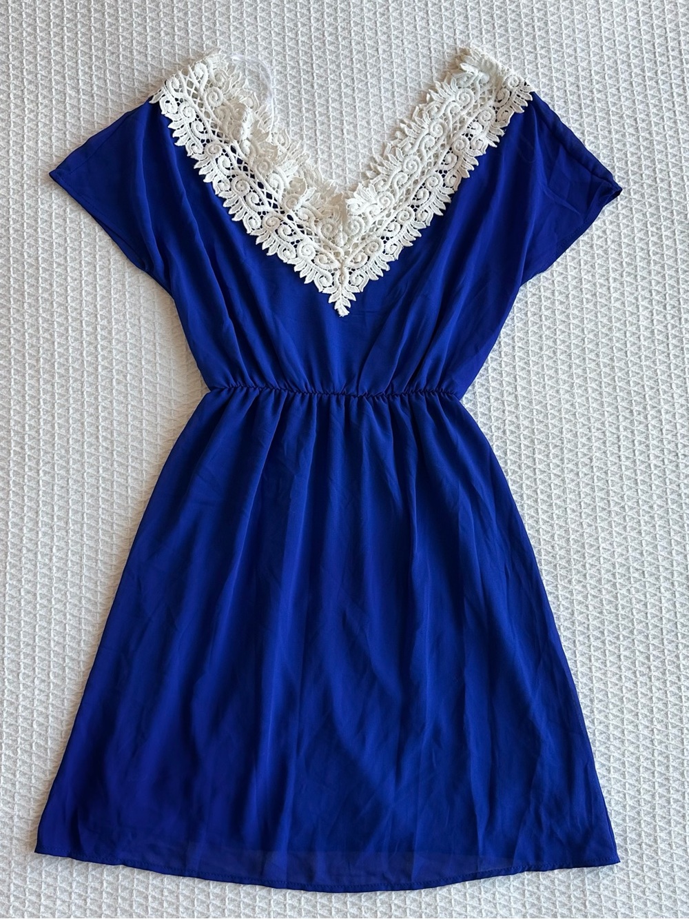NWT Sage Royal Blue Mini Dress with White Lace V-Neck size M